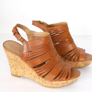 Franco Sarto Sharp Wedge Cognac Leather Woman's Cork Sandal 10M